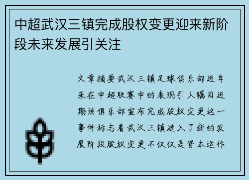 中超武汉三镇完成股权变更迎来新阶段未来发展引关注